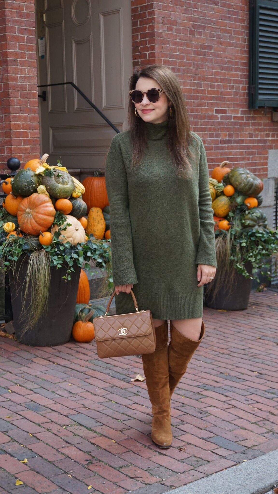 green sweater dress with brown boots The Best Dresses for Fall VINTAGE 90s CHOCOLATE BROWN